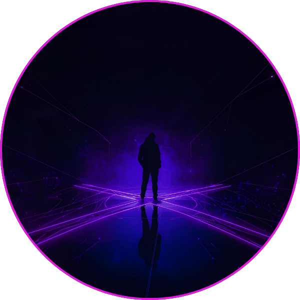 A silhouetted figure stands on a reflective surface surrounded by intersecting beams of purple light, appearing in a dramatic futuristic environment.