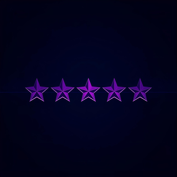A row of five glowing purple 3D stars displayed against a dark background, representing a five-star rating.