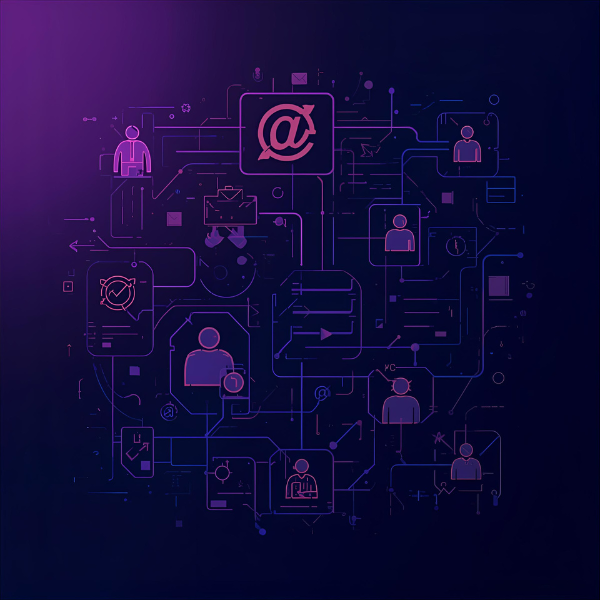 A digital illustration of interconnected icons representing email, user profiles, workflows, and communication channels, arranged in a glowing purple network to symbolize automated messaging and digital communication systems.