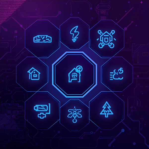 Neon-blue smart home icon set arranged in hexagons around a central hub on a purple futuristic circuit-board background.