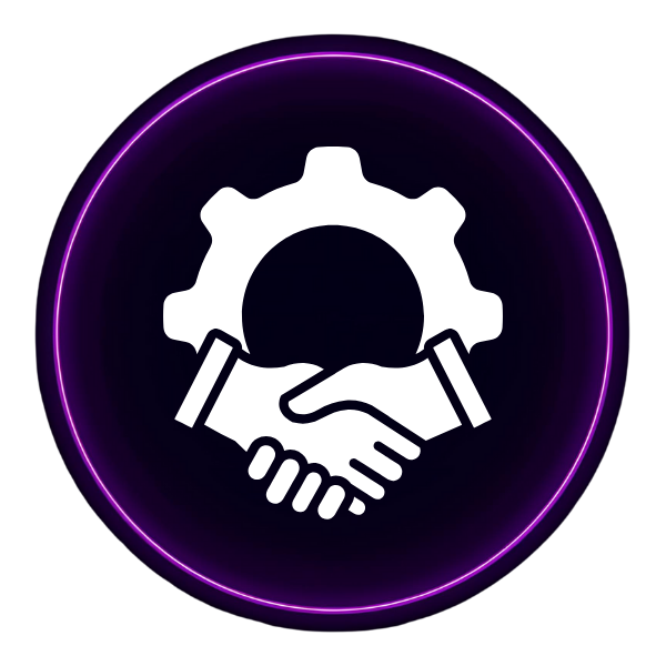 A dark purple circle with an icon that shows a gear and a handshake 