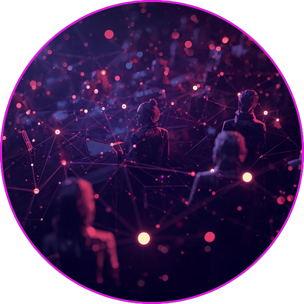 A futuristic scene showing multiple silhouetted figures connected by glowing pink and purple network lines and data points, symbolizing digital connectivity, communication, and a connected global community.