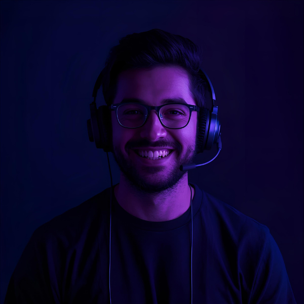 A young man wearing glasses and a headset smiles warmly while seated against a dark blue and purple background, illuminated by soft neon-style lighting.