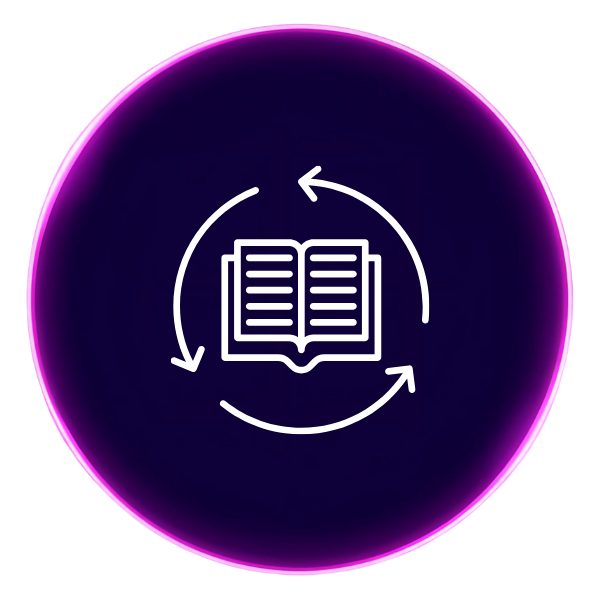 A purple circle with an icon in the middle that shows a book with arrows pointing around it