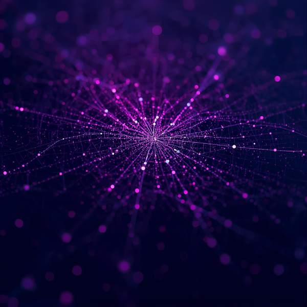 Radiating network of interconnected purple nodes and lines on a dark background, resembling a digital data explosion or neural network.