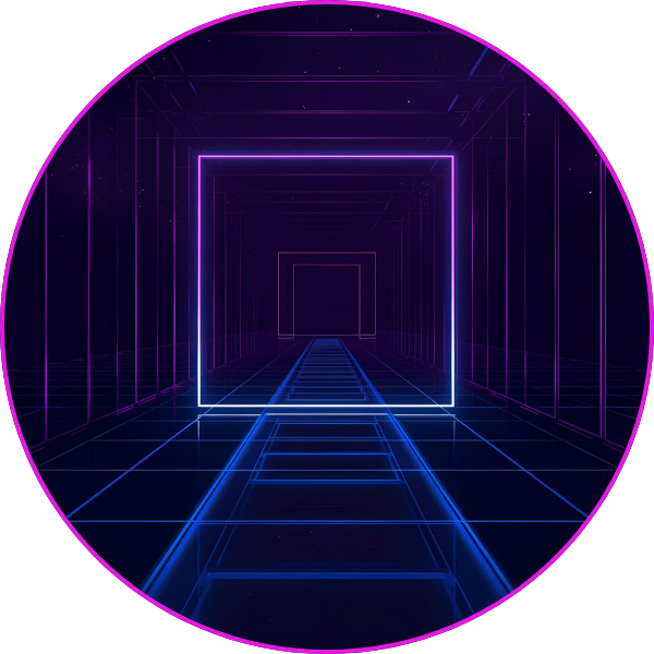 A glowing neon tunnel composed of purple and blue illuminated square frames, creating a sense of depth and perspective.