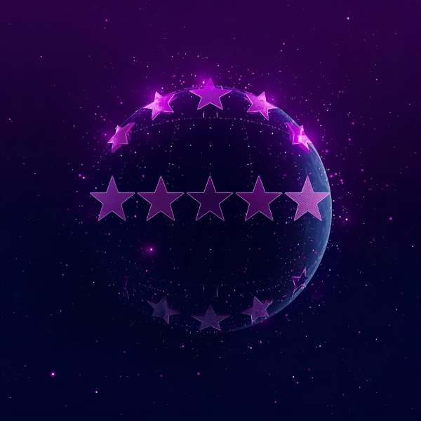Digital sphere surrounded by glowing purple stars forming a semi-circle above and below, floating in a starry cosmic background.