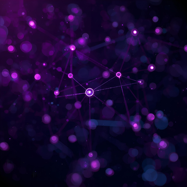 A network of interconnected glowing purple nodes and lines set against a dark background with soft bokeh lights, representing digital connections or data flow.