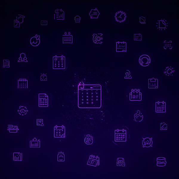 A glowing purple central calendar icon surrounded by many smaller calendar and scheduling-related icons arranged in a circular pattern against a dark digital background.