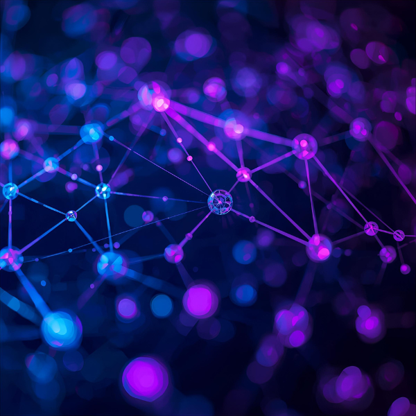 Abstract digital network made of glowing blue and purple nodes connected by thin lines, creating a web-like structure against a dark blurred background.