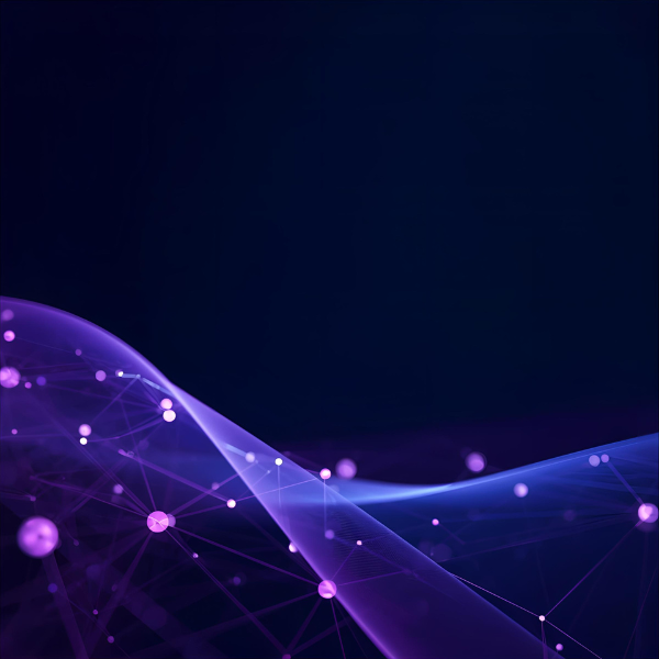 Abstract purple digital wave sweeping across a dark background, blended with a network of glowing nodes and lines that gradually fade into the distance.