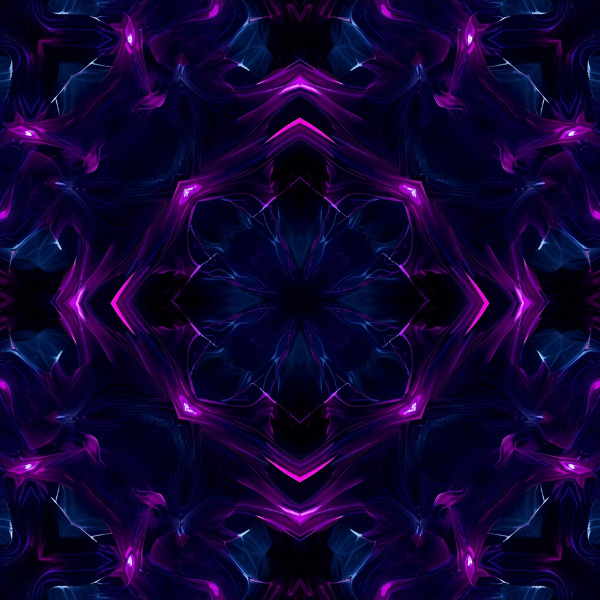 A symmetrical, kaleidoscope-style abstract pattern featuring sharp geometric shapes and swirling neon purple and blue light effects.