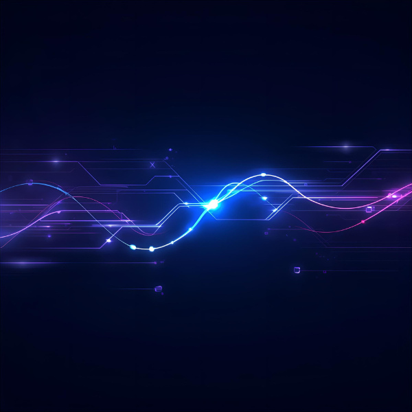 A glowing digital waveform made of neon blue and pink light trails flowing horizontally across a dark futuristic background.