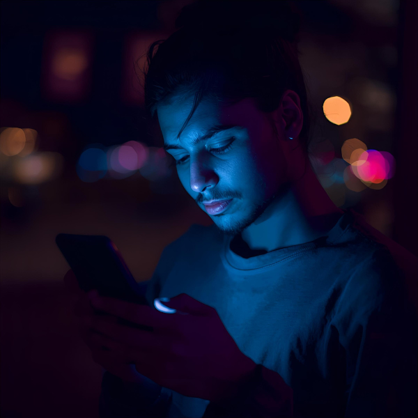 Man looking at a smartphone at night, his face illuminated by a blue glow with blurred city lights in the background.