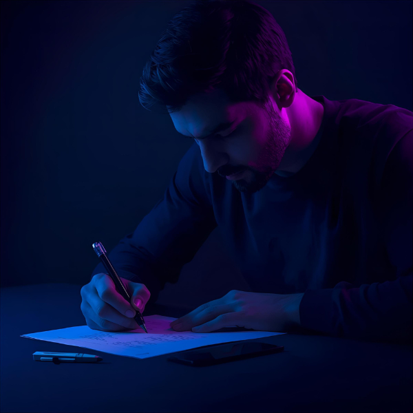 Man writing on paper at a desk, focused and leaning over his work, lit with dramatic blue and magenta lighting.