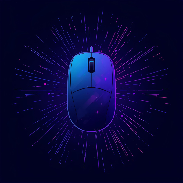 Digital illustration of a computer mouse glowing in blue and purple tones, surrounded by radiant light streaks that resemble an energetic burst.