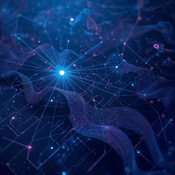 Abstract visualization of interconnected data networks with a bright central point emitting rays, featuring blue and purple mesh-like waves.