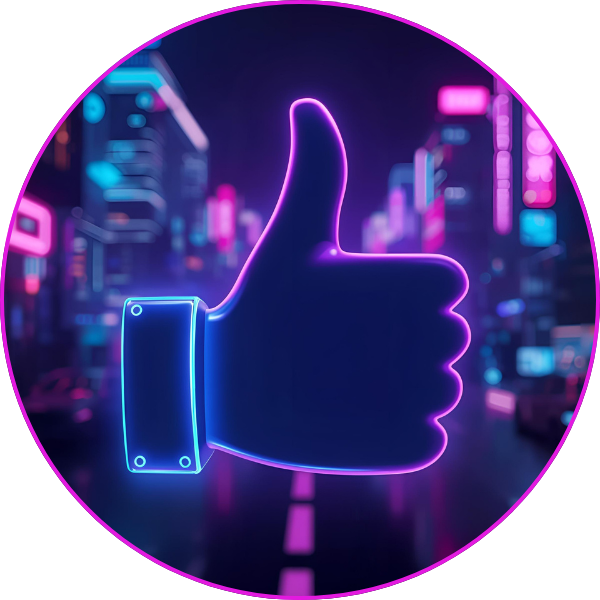 A glowing neon thumbs-up symbol in blue and pink, centered over a blurred cyberpunk city street with vibrant lights.