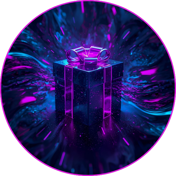 A glowing purple and blue gift box with a ribbon, surrounded by swirling neon light trails that create a dramatic, energetic effect.