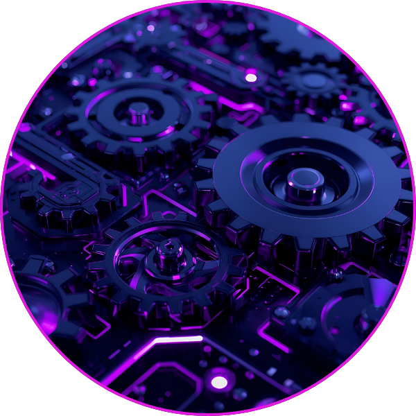 A close-up of interconnected mechanical gears rendered in glossy black with vibrant purple neon lighting accenting the components.