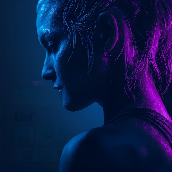 Profile of a female athlete covered in sweat, lit dramatically with blue and purple lighting against a dark background.