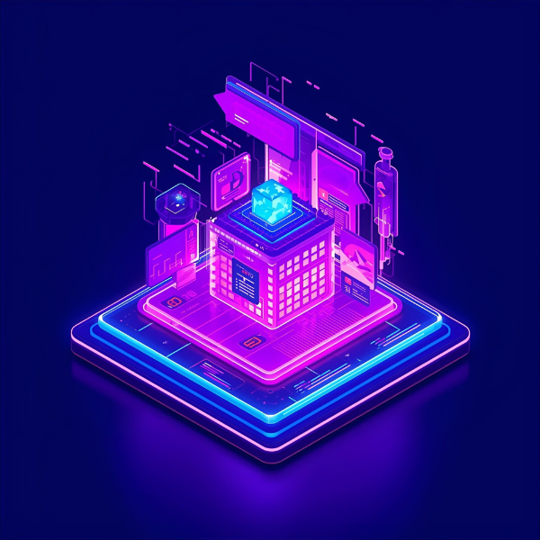 Neon isometric illustration of a digital data hub with floating screens and glowing components in pink and blue hues