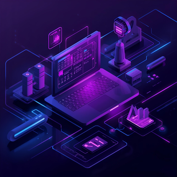 A futuristic laptop emitting purple and blue neon light, surrounded by holographic charts, data panels, and IoT devices representing analytics, automation, and digital system monitoring.