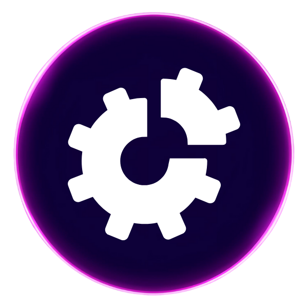 A purple circle with an icon in the middle that shows a gear with a piece coming out of it