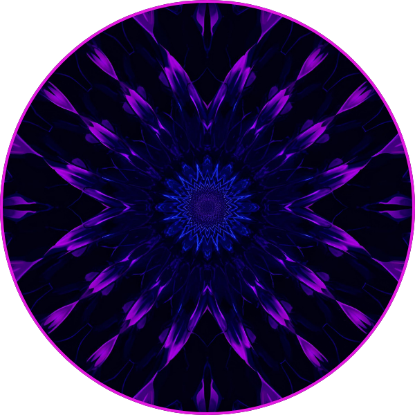 A circular abstract mandala made of layered purple and blue geometric shapes forming a radiant, symmetrical pattern.