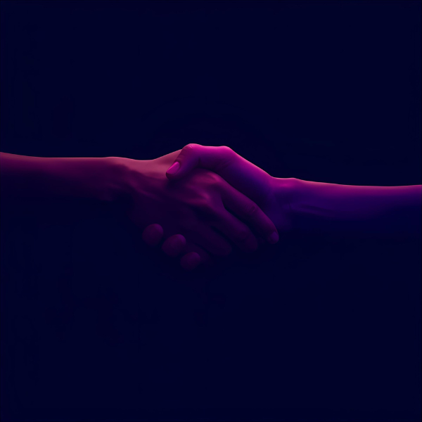 Two hands shaking in a gesture of agreement or partnership, illuminated by dramatic purple and pink lighting against a dark background.