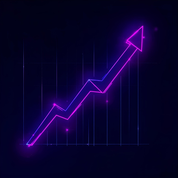 Neon purple and blue glowing arrow graph trending upward against a dark background with faint grid lines and digital light streaks