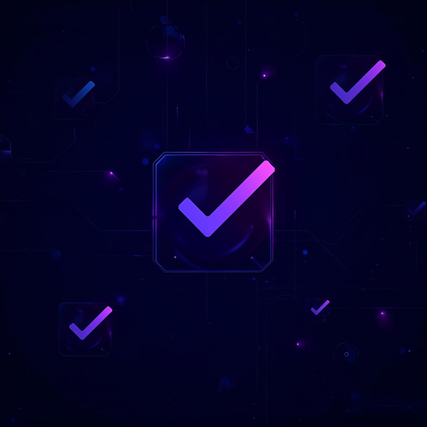 A glowing purple checkmark inside a rounded square icon, surrounded by additional faint checkmarks floating in a dark digital environment.