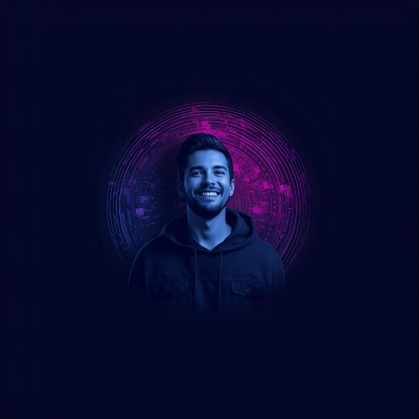 A young man smiling confidently, illuminated in blue and purple light, standing in front of a circular digital interface resembling a glowing tech halo
