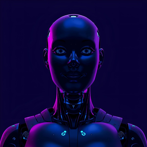 A futuristic humanoid robot with a smooth, glossy face illuminated by blue and purple neon light, looking directly forward against a dark background.