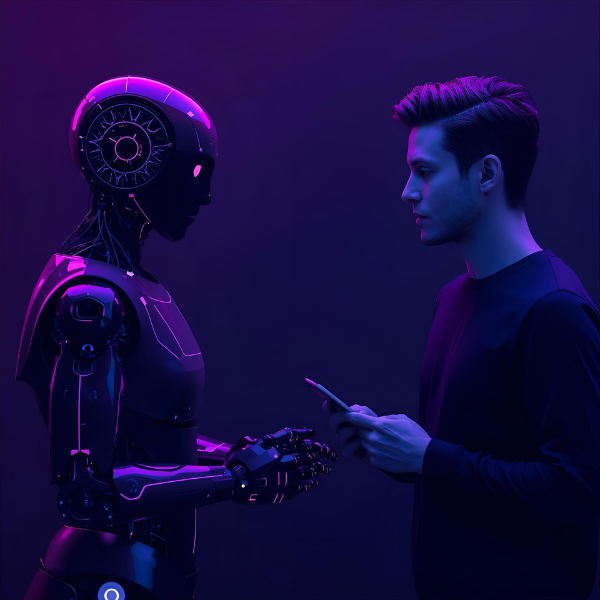 A young man holding a smartphone stands face-to-face with a humanoid robot, both lit by dramatic purple and blue lighting, suggesting a moment of communication or collaboration.