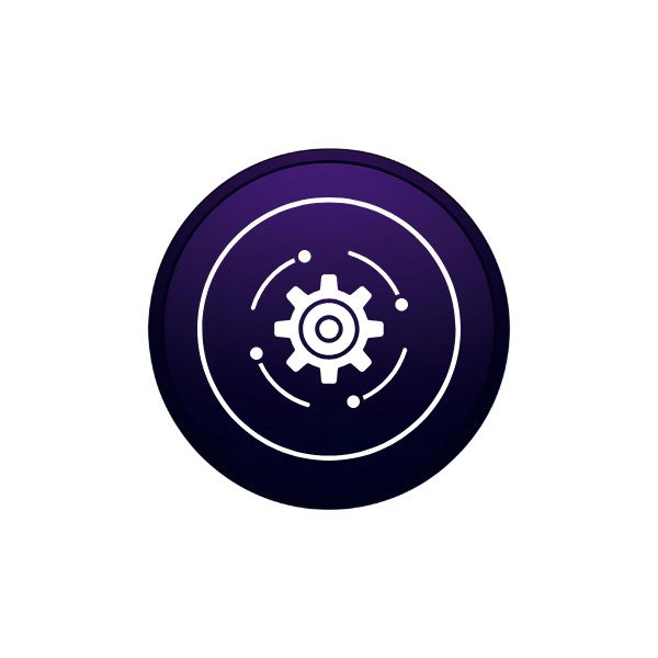 A dark purple circle with a gear icon in the middle