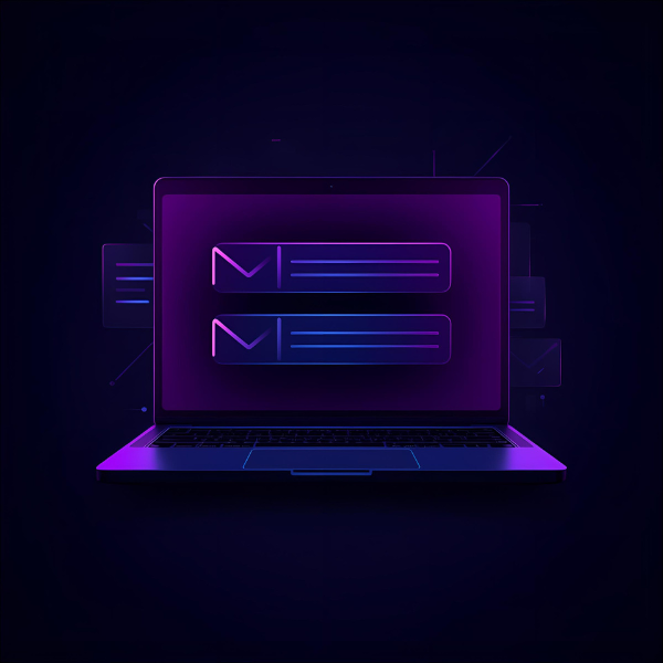 A glowing purple and blue illustration of a laptop displaying stylized email message icons on the screen, symbolizing digital communication or email management.