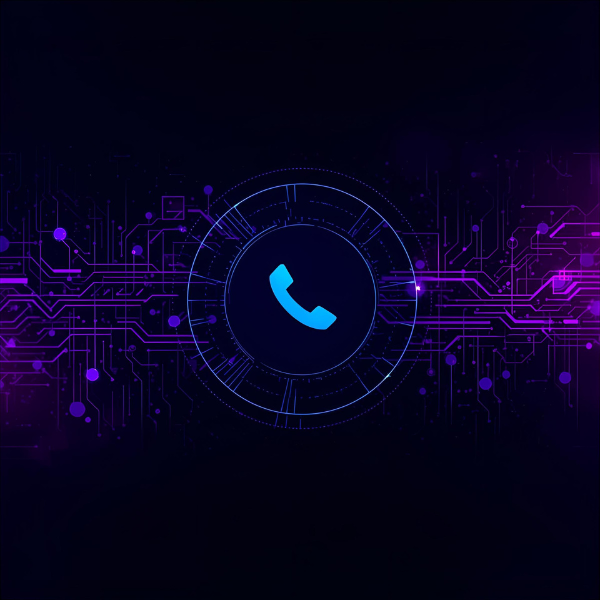 Futuristic graphic showing a glowing blue phone icon at the center of a circular digital interface with interconnected purple circuitry spreading outward.