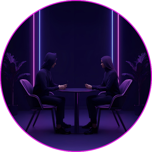 Two people dressed in dark hooded clothing sit facing each other at a small table in a dimly lit room with purple and blue neon light strips, creating a futuristic and mysterious atmosphere.