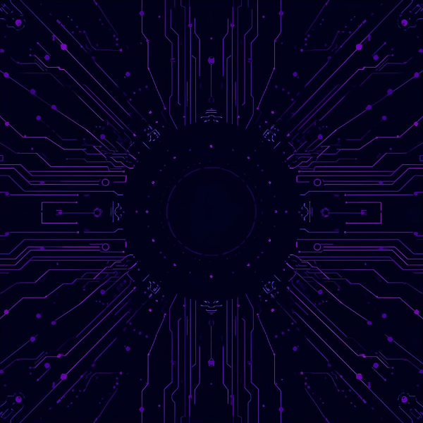An abstract digital circuit pattern radiating outward from a dark circular center, with glowing purple lines and nodes forming a futuristic technological design.