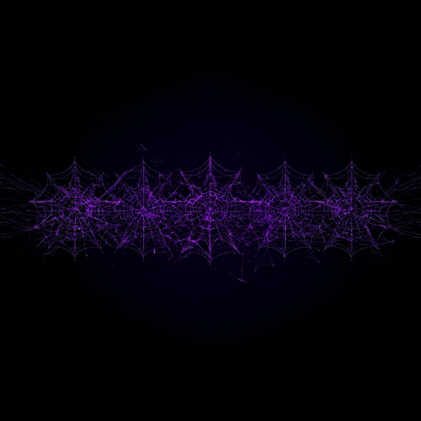 A horizontal row of interconnected purple web-like structures glowing against a dark background, resembling a digital or abstract network.