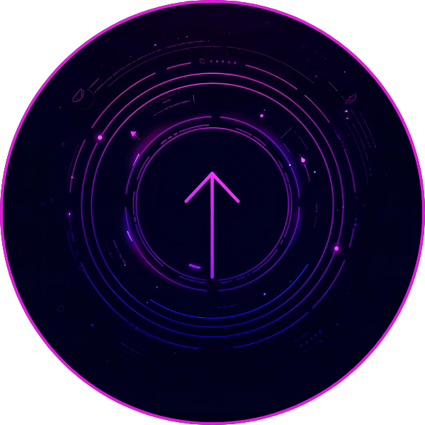 A neon purple upward-pointing arrow centered within concentric digital rings and futuristic interface elements on a dark background.