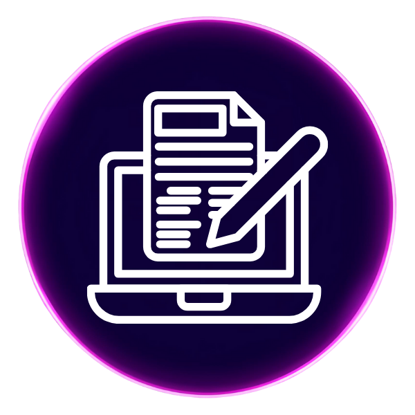 A purple circle with an icon in the middle that shows a laptop that has a document with a pen on it representing writing