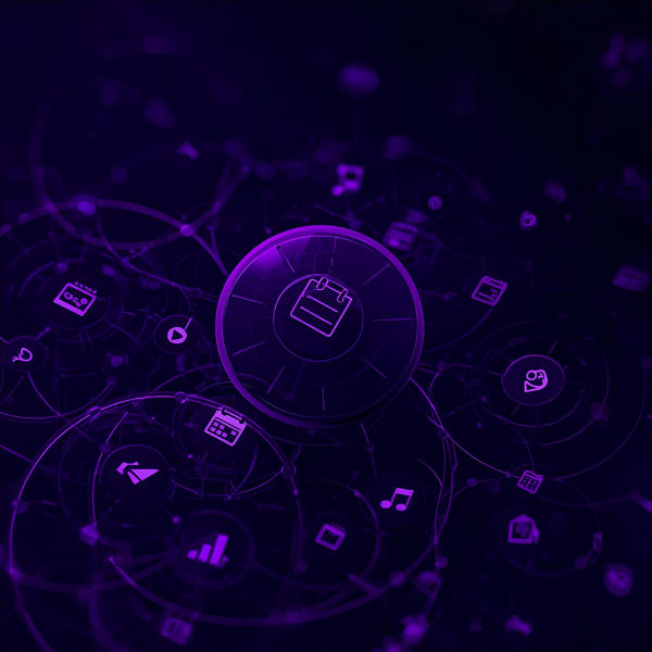 A central glowing purple calendar icon surrounded by a circular network of smaller digital icons, all connected by thin lines on a dark futuristic background.