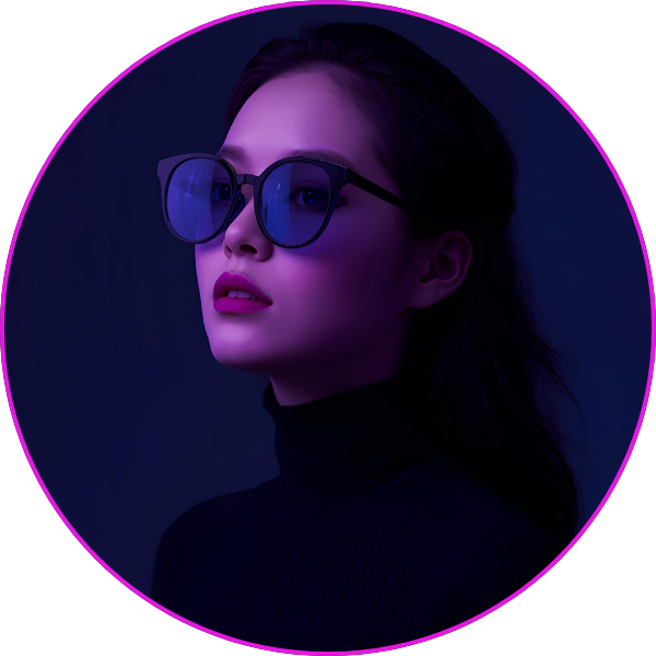 A stylized portrait of a woman wearing reflective glasses and a black turtleneck, lit with purple and blue neon tones, framed within a glowing circular border.