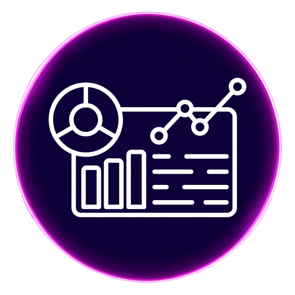 A purple circle with an icon in the middle that shows a dashboard resembling upwards trends