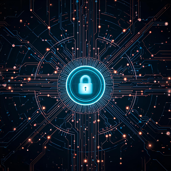 A glowing digital padlock icon at the center of a futuristic circuit-board design, symbolizing cybersecurity and data protection