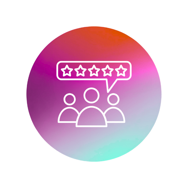 Light blue and pink circle with three people and a five star icon in the middle.