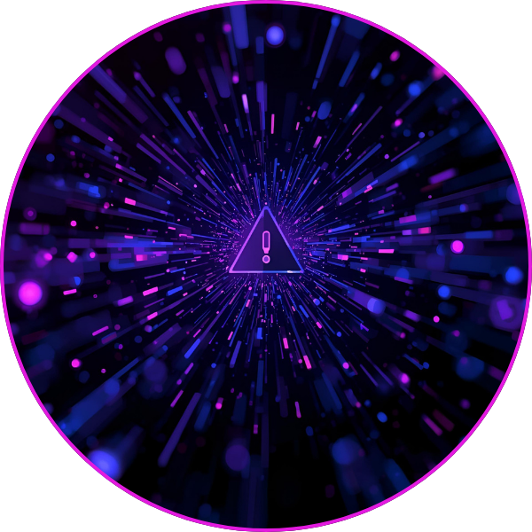 A glowing triangular warning symbol with an exclamation mark at the center radiates outward through vibrant purple and blue digital light streaks.