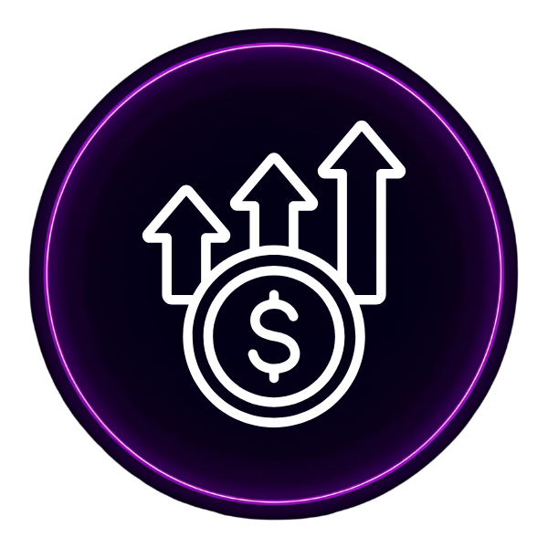 A dark purple circle with an icon that shows a dollar sign and three arrows pointing up in the middle